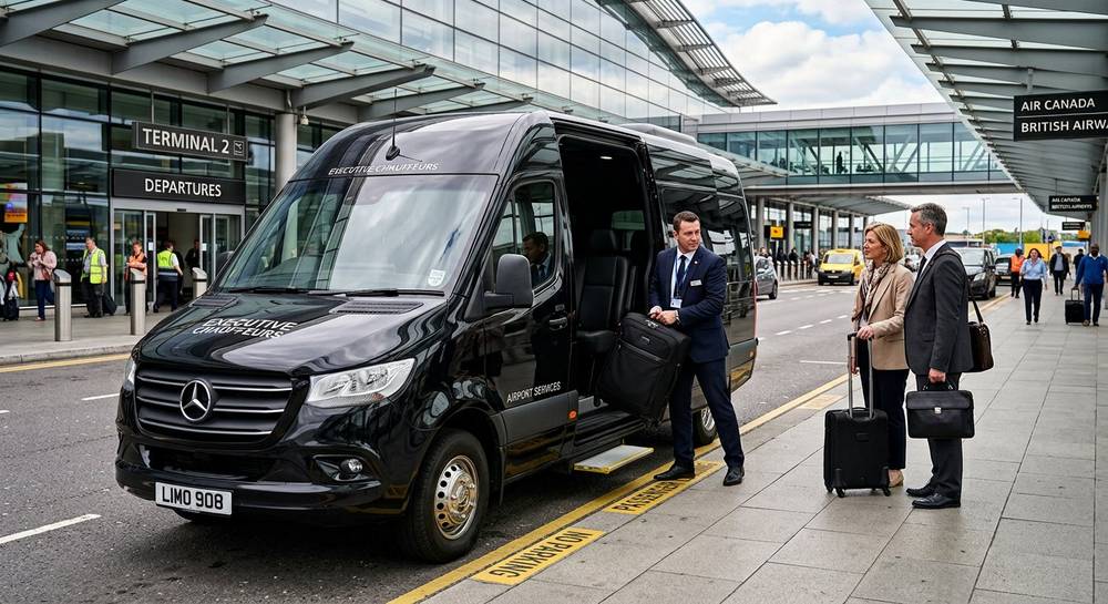 Mercedes Sprinter airport transfer with chauffeur loading luggage