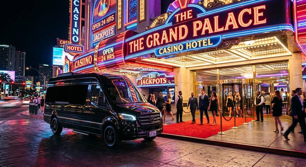 Mercedes Sprinter parked at casino entrance at night