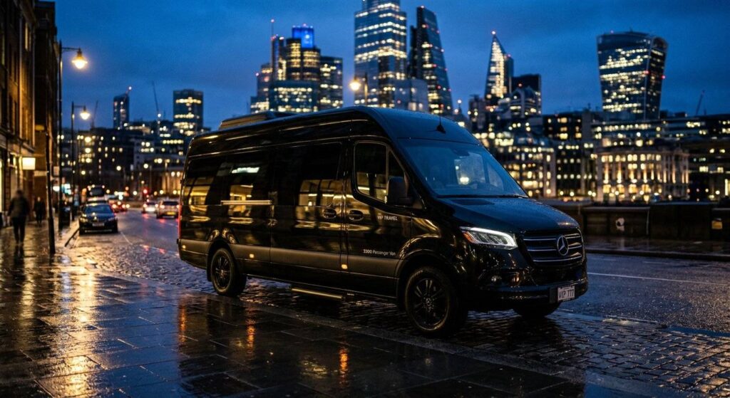 Black Mercedes Sprinter luxury van at night in the city