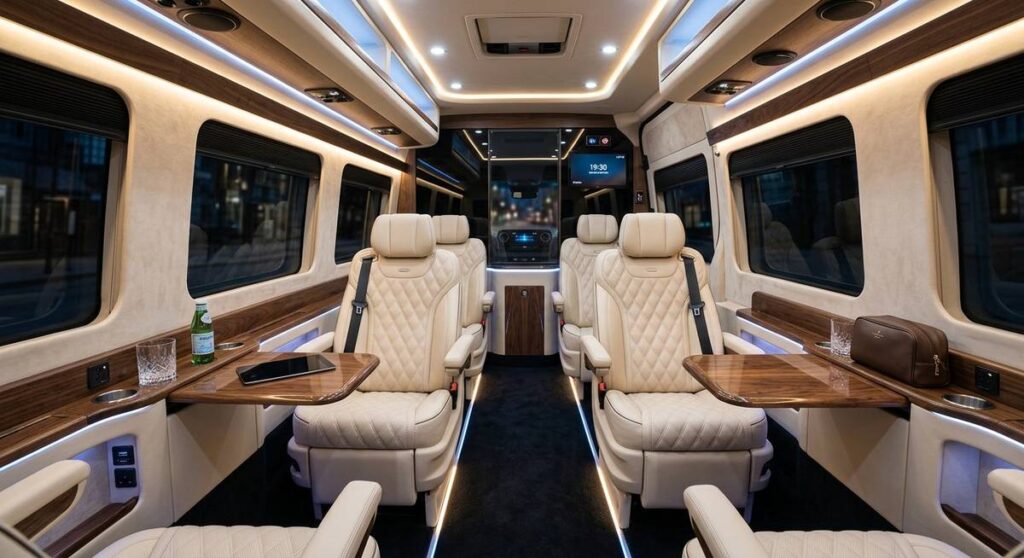 Luxury Mercedes Sprinter executive interior with leather seating