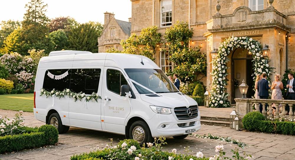 Mercedes Sprinter wedding transportation at venue